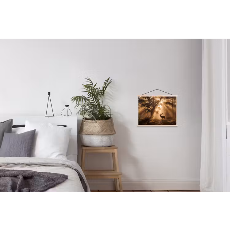 Hert - Bos - Mistig - Natuur - Goud textielposter latten blank klein -woonkamer