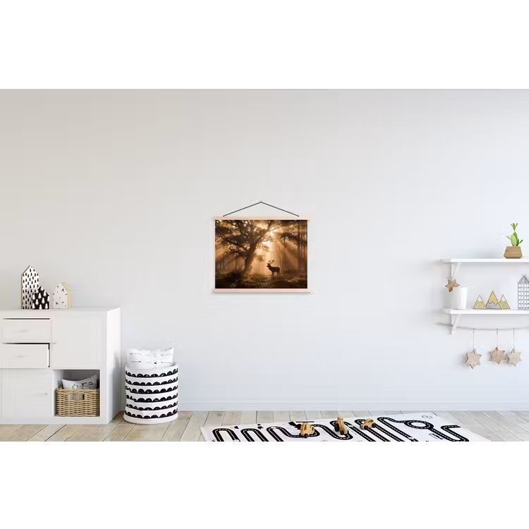 Hert - Bos - Mistig - Natuur - Goud textielposter latten blank klein -kinderkamer