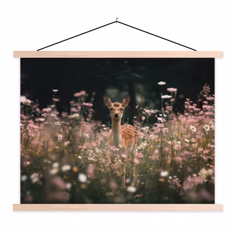 Hert - Wilde bloemen - Bos textielposter latten blank klein -3d