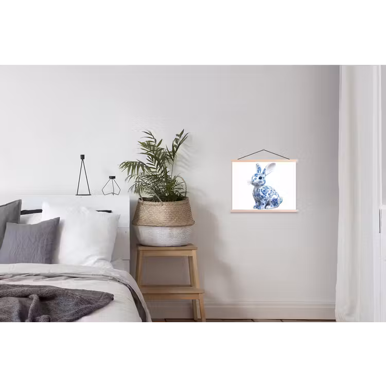 Delftsblauw - Haasje - Wit textielposter latten blank klein -woonkamer