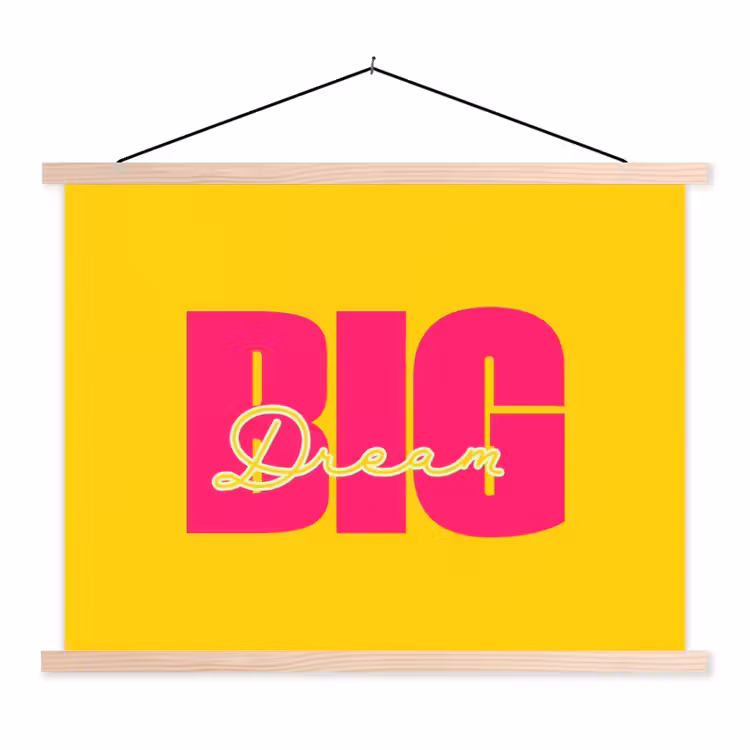 Dream big - Geel - Roze textielposter latten blank klein -3d