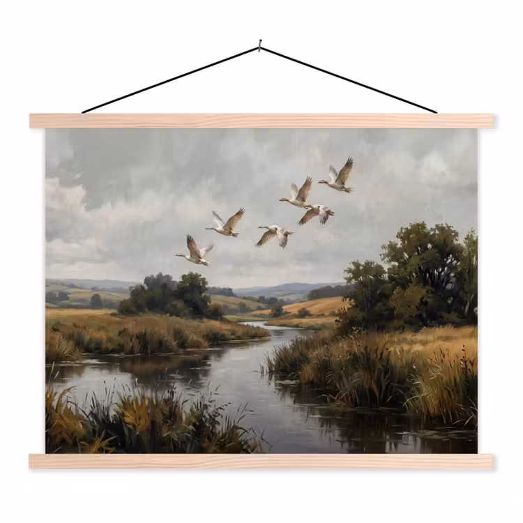 Eenden - Rivier - Landschap - Vlucht - Nostalgisch textielposter latten blank klein -3d