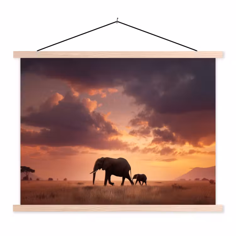 Olifanten - Grasland - Zonsondergang textielposter latten blank klein -3d