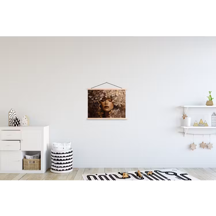 Gezicht - Vrouwe - Bladeren - Penseelstreken textielposter latten blank klein -kinderkamer