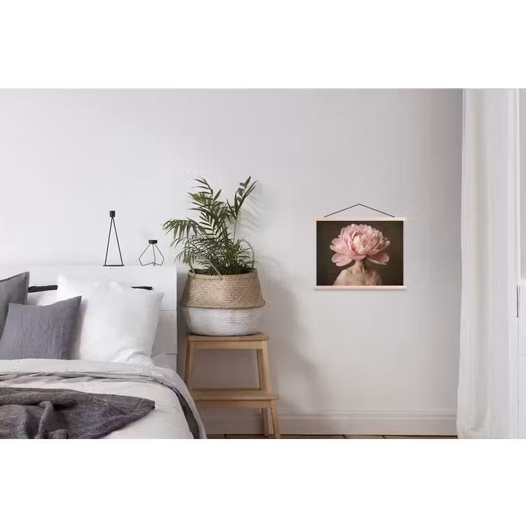 Gezicht - Roos - Roze textielposter latten blank klein -woonkamer