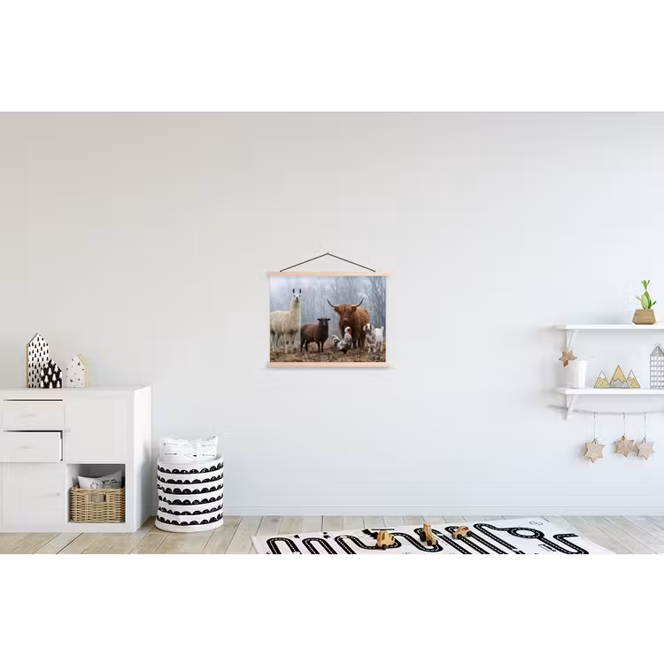 Boerderijdieren - Groep - Mist - Natuur - Rustiek textielposter latten blank klein -kinderkamer