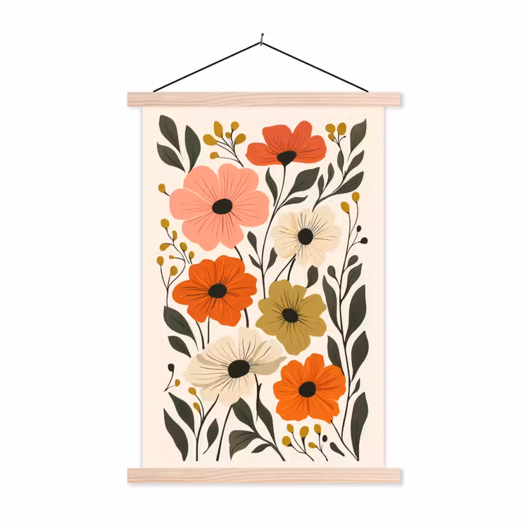 Veldbloemen - Stengels - Blaadjes - Groen textielposter latten blank klein -3d