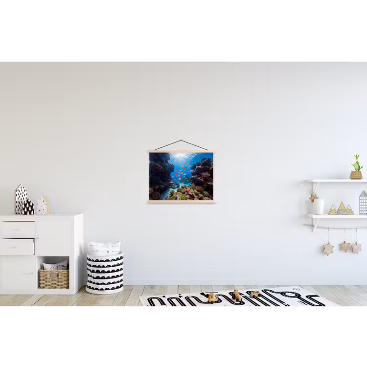 Vis - Koraalrif - Onderwater - Levendig - Blauw textielposter latten blank klein -kinderkamer