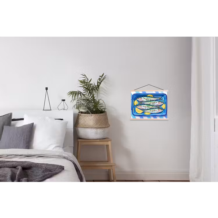 Vis - Citroen - Kruiden - Eten - Blauw textielposter latten blank klein -woonkamer