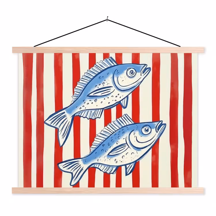 Vissen - Verticale strepen - Blauw - Rood textielposter latten blank klein -3d
