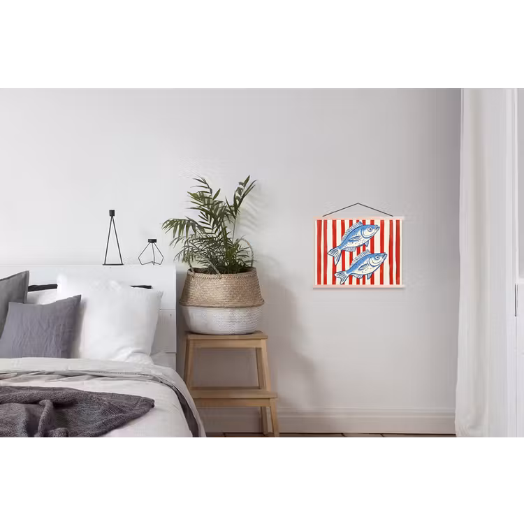 Vissen - Verticale strepen - Blauw - Rood textielposter latten blank klein -woonkamer