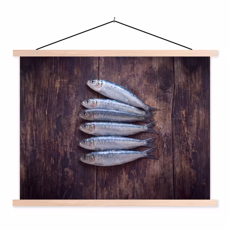 Hanging Poster - Fish - Wood - Food - Vis - Hout - Eten textielposter latten blank klein
