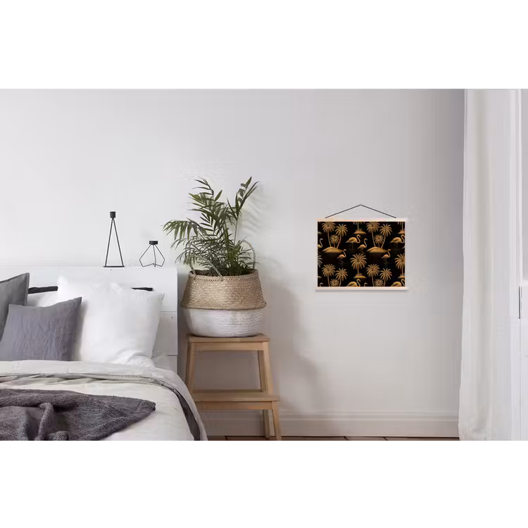 Flamingo - Palmbomen - Tropisch - Goud - Zwart textielposter latten blank klein 122 -woonkamer