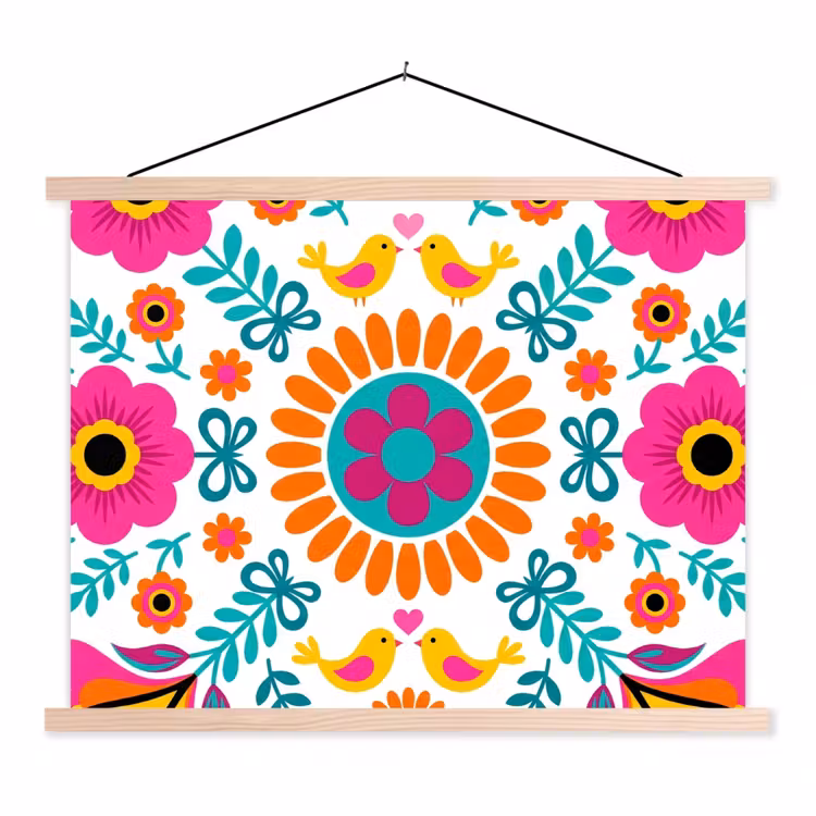Bloemen - Vogel - Patroon - Kleurrijk - Modern textielposter latten blank klein -3d