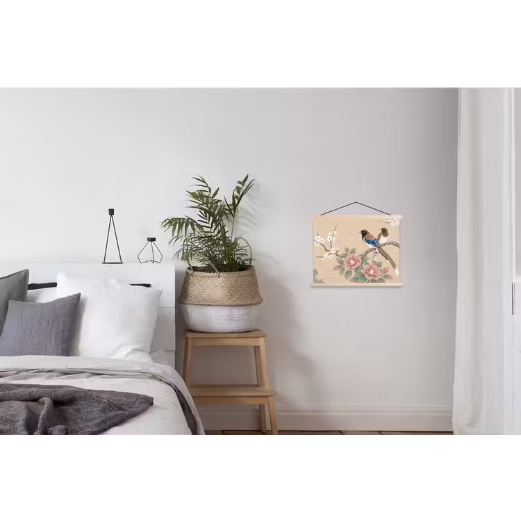 Bloemen - Vogels - Bloemen textielposter latten blank klein -woonkamer