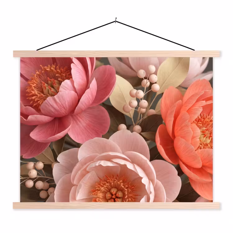 Bloemen - Bloesem - Zacht - Koraal - Decoratie textielposter latten blank klein -3d
