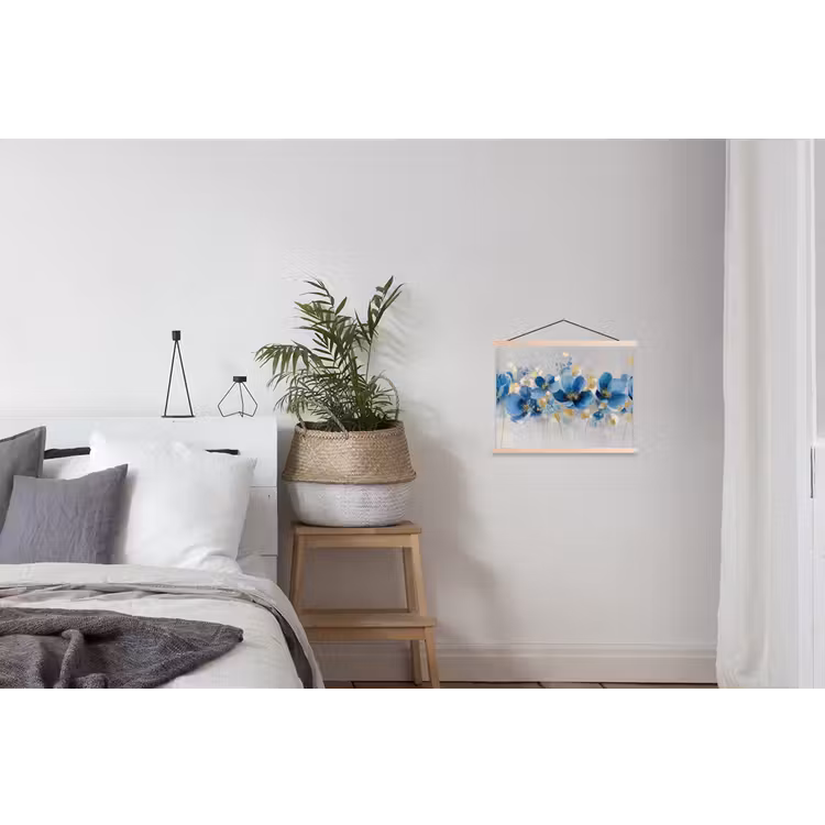 Bloemen - Blauw - Abstract textielposter latten blank klein -woonkamer