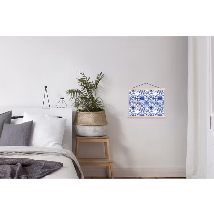 Bloemen - Blauw - Patroon - Wit textielposter latten blank klein 122 -woonkamer