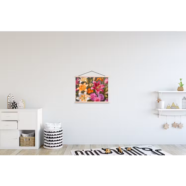 Bloemen - Boeket - Natuur - Kleurrijk - Modern textielposter latten blank klein -kinderkamer