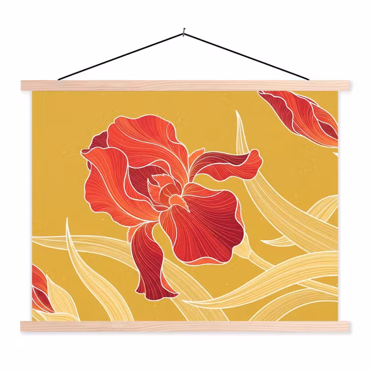 Hanging Poster - Flowers - Illustration - Red - Bloemen - Illustratie - Rood textielposter latten blank klein