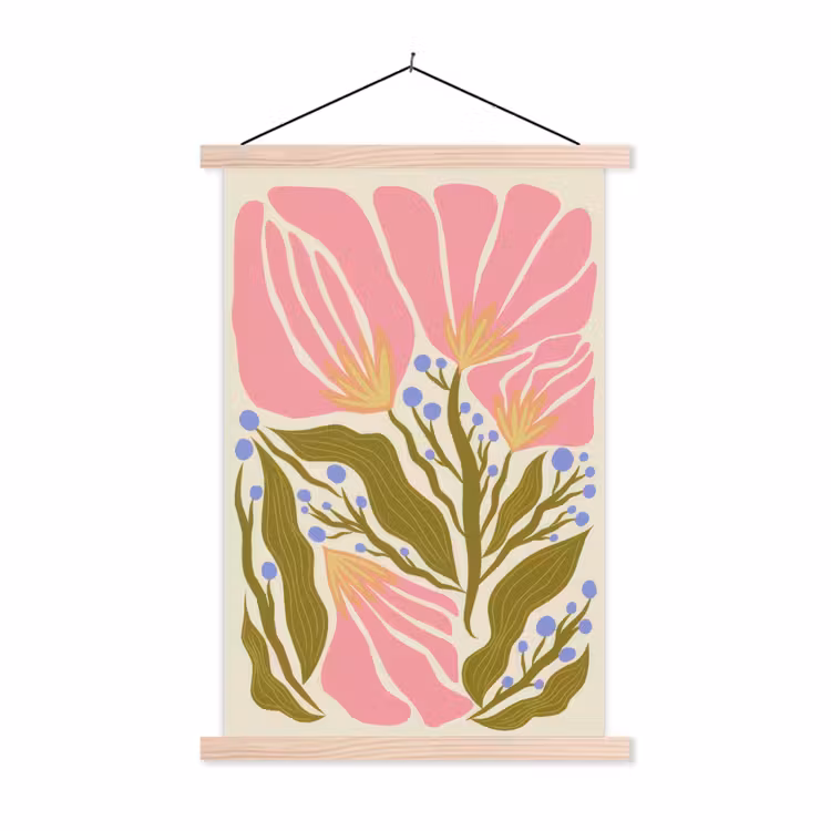 Bloemen - Bladeren - Abstract - Roze textielposter latten blank klein -3d