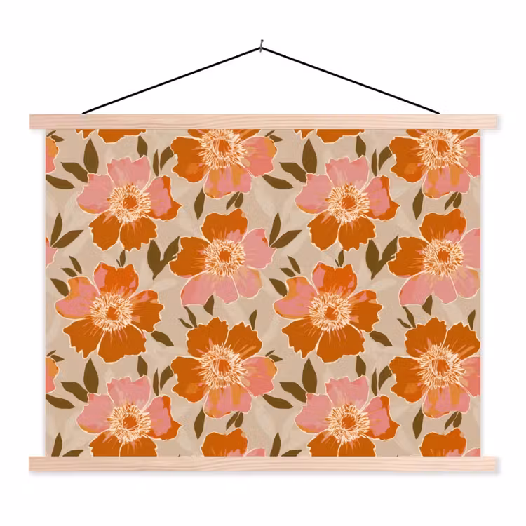 Bloemen - Motief - Retro textielposter latten blank klein 122 -3d