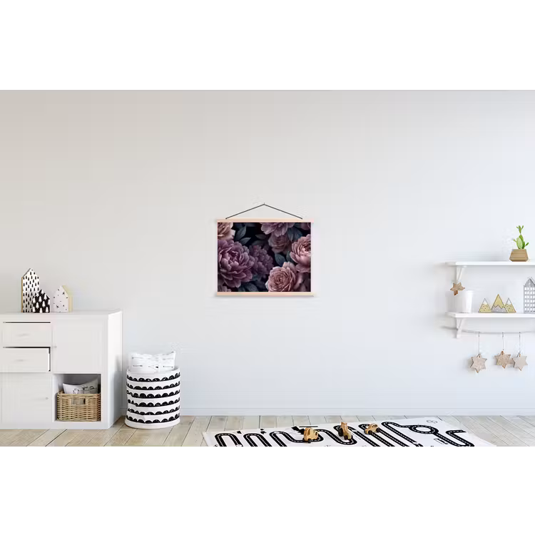 Bloemen - Patroon - Donker - Botanisch - Paars textielposter latten blank klein -kinderkamer
