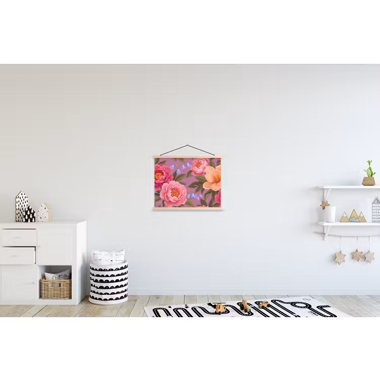 Bloemen - Patroon - Illustratie - Roze textielposter latten blank klein -kinderkamer