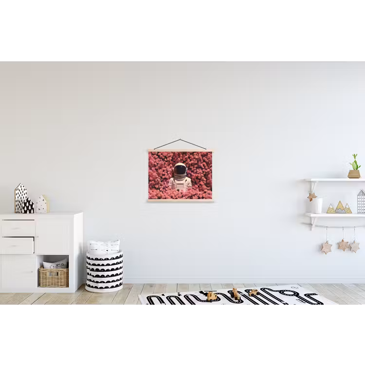 Bloemen - Roze - Astronaut textielposter latten blank klein -kinderkamer