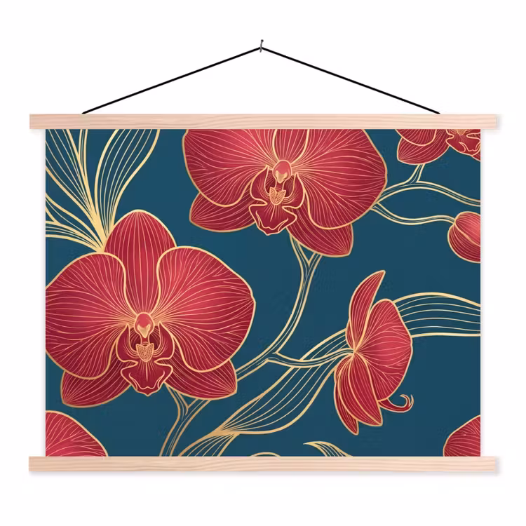 Hanging Poster - Flowers - Red - Gold - Bloemen - Rood - Goud textielposter latten blank klein