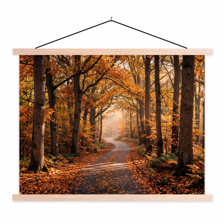 Bospad - Herfstbos - Bladeren - Oranje - Nostalgisch textielposter latten blank klein -3d