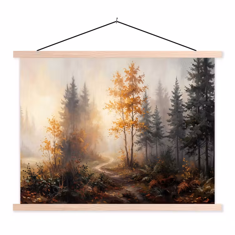 Bospad - Herfstbladeren - Natuur - Schilderachtig - Oranje textielposter latten blank klein -3d