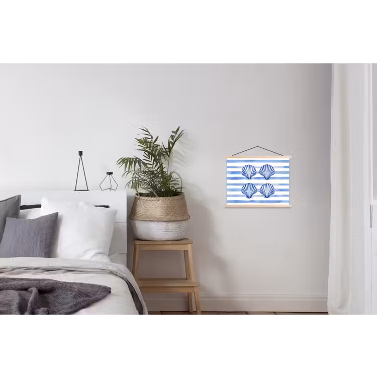 Vier schelpen - Blauw - Wit - Strepen textielposter latten blank klein -woonkamer