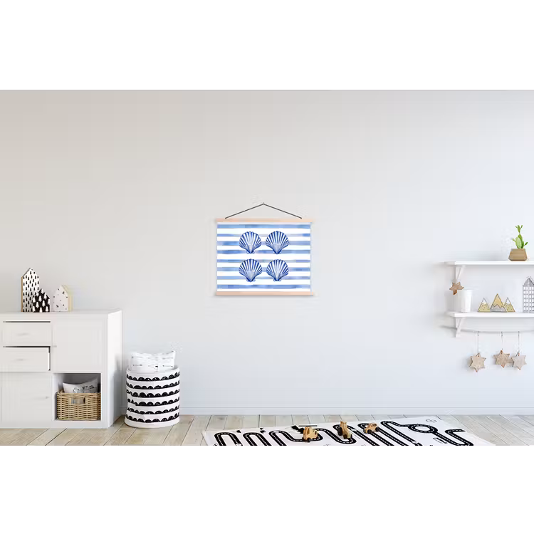 Vier schelpen - Blauw - Wit - Strepen textielposter latten blank klein -kinderkamer
