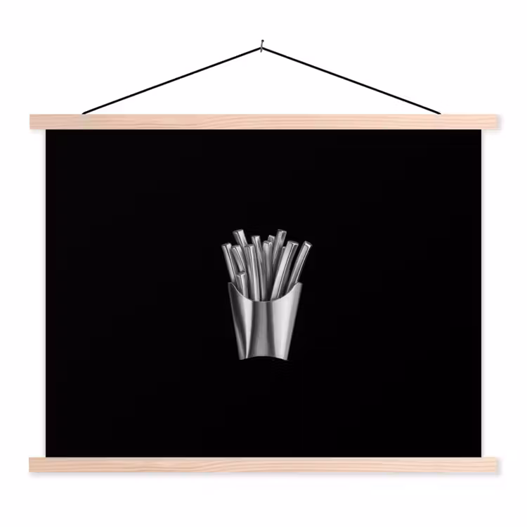 Frietjes - Futuristisch - Zilver textielposter latten blank klein -3d