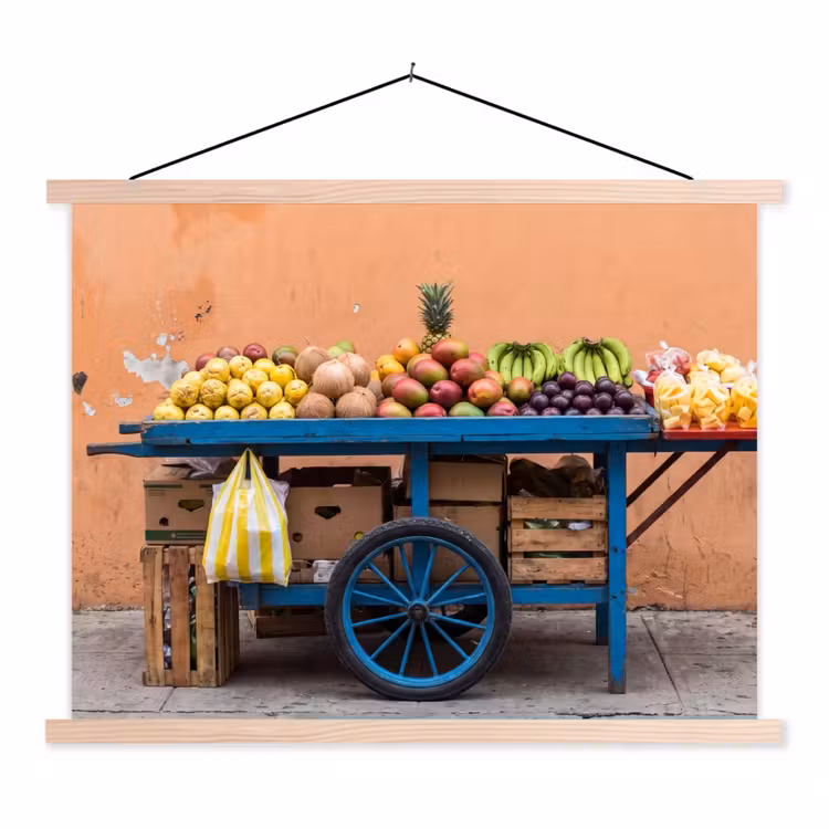 Hanging Poster - Fruit - Cart - Street - Fruit - Kar - Straat textielposter latten blank klein