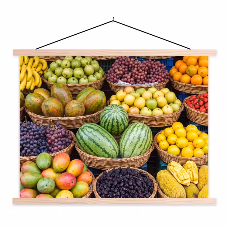 Hanging Poster - Fruit - Market - Colorful - Fruit - Markt - Kleurrijk textielposter latten blank klein