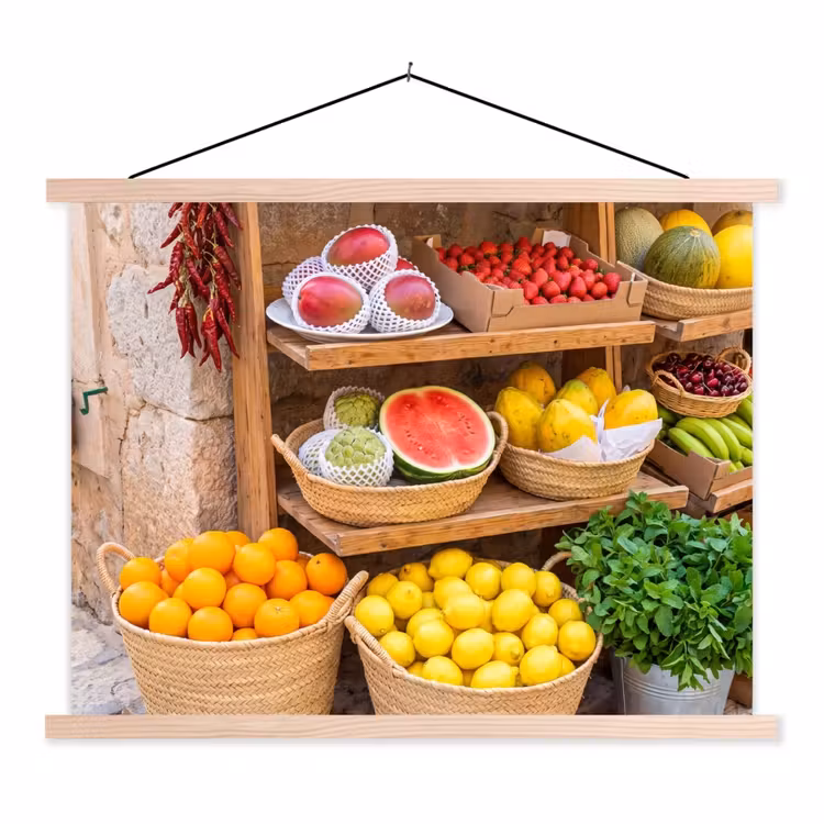 Hanging Poster - Fruit - Market - Fresh - Fruit - Markt - Vers textielposter latten blank klein