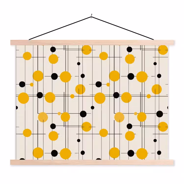 Geometrisch - Retro - Lijnen - Okergeel - Zwart textielposter latten blank klein 122 -3d