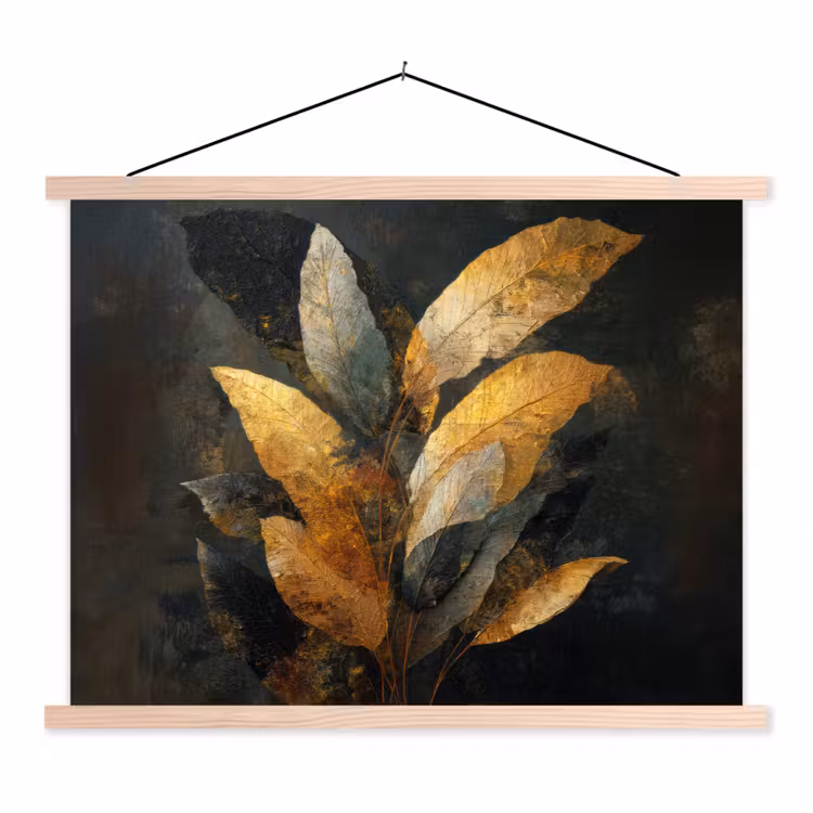 Gouden Bladcompositie – Botanische Luxe textielposter latten blank klein -3d