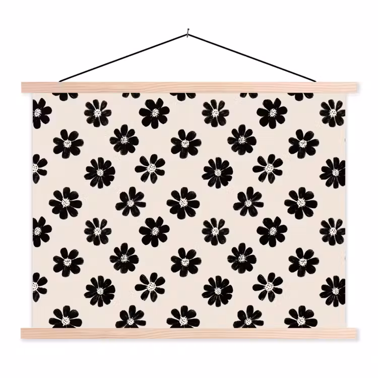 Grafisch - Madeliefjes - Zwart - Beige textielposter latten blank klein 122 -3d