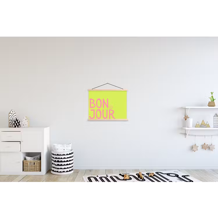 Groen - Smiley - Bonjour - Roze textielposter latten blank klein -kinderkamer