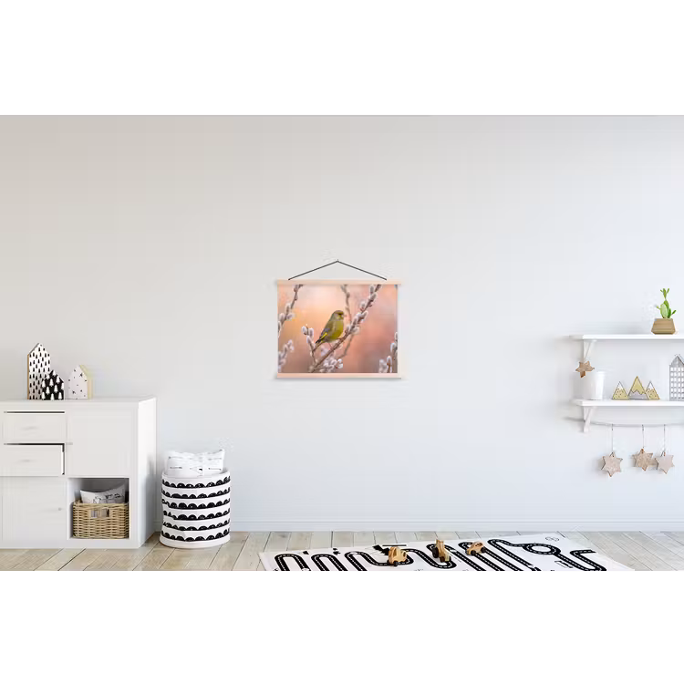 Groenling - Katjes - Lente - Natuur - Zacht textielposter latten blank klein -kinderkamer