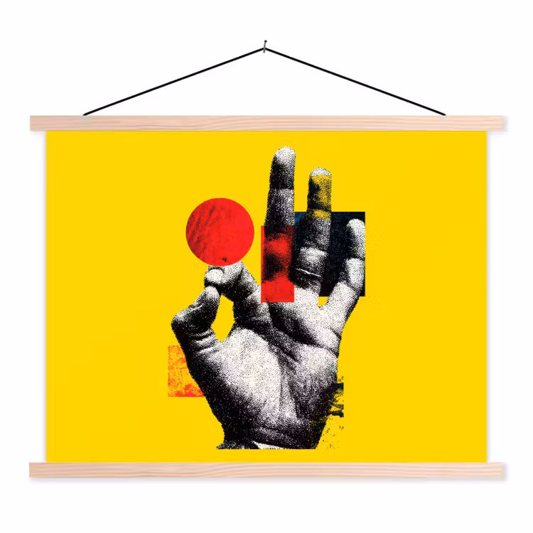 Hand - Rode cirkel - Geel textielposter latten blank klein -3d