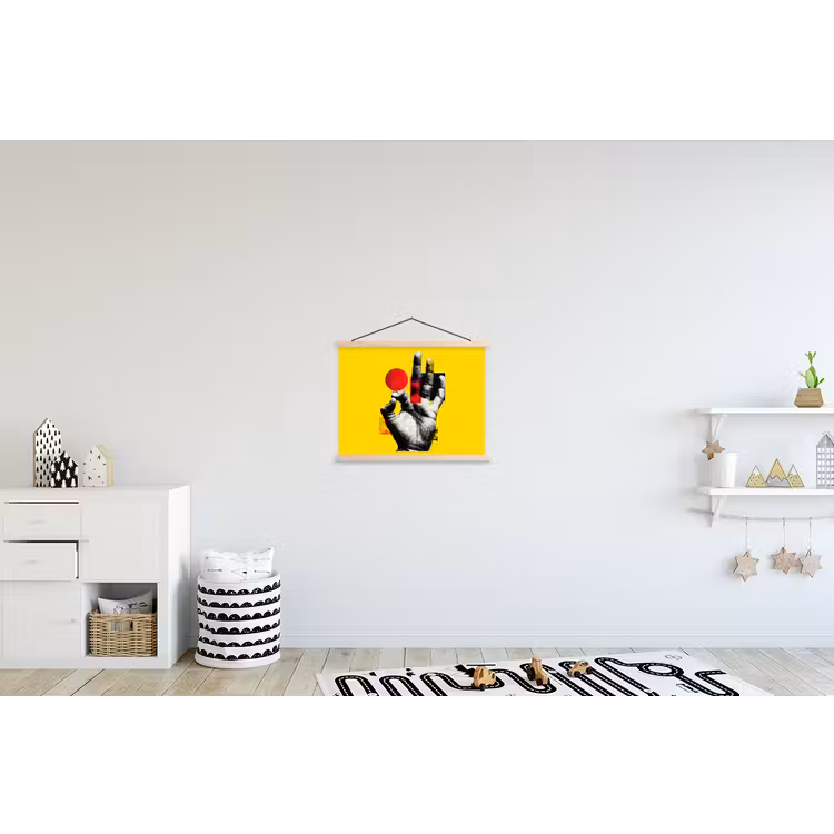 Hand - Rode cirkel - Geel textielposter latten blank klein -kinderkamer