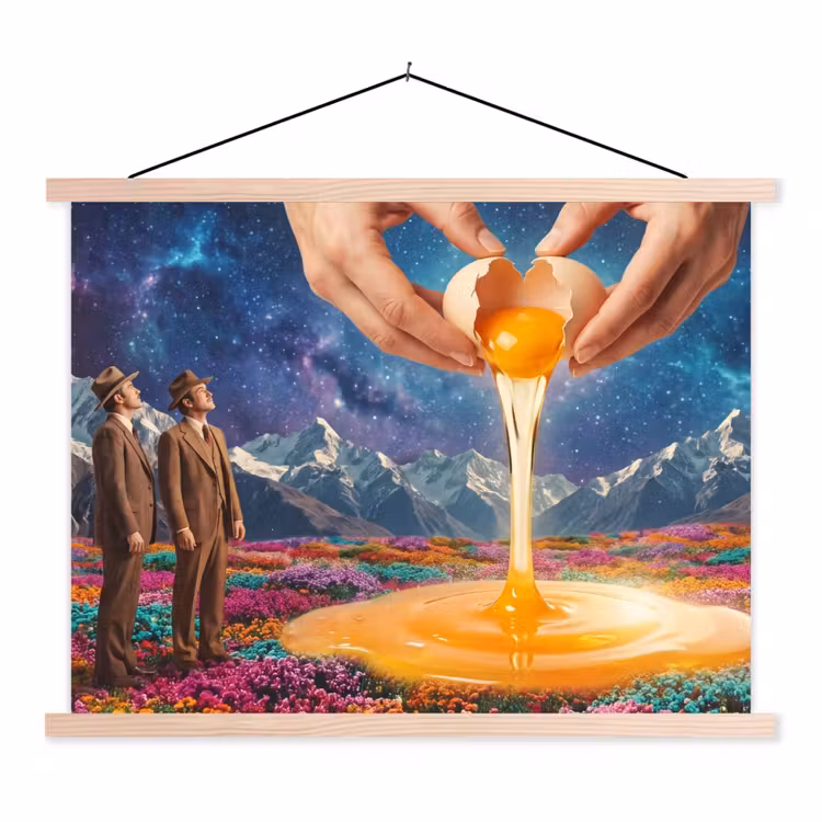 Hanging Poster - Hands - Egg - Surrealism - Handen - Ei - Surrealisme textielposter latten blank klein