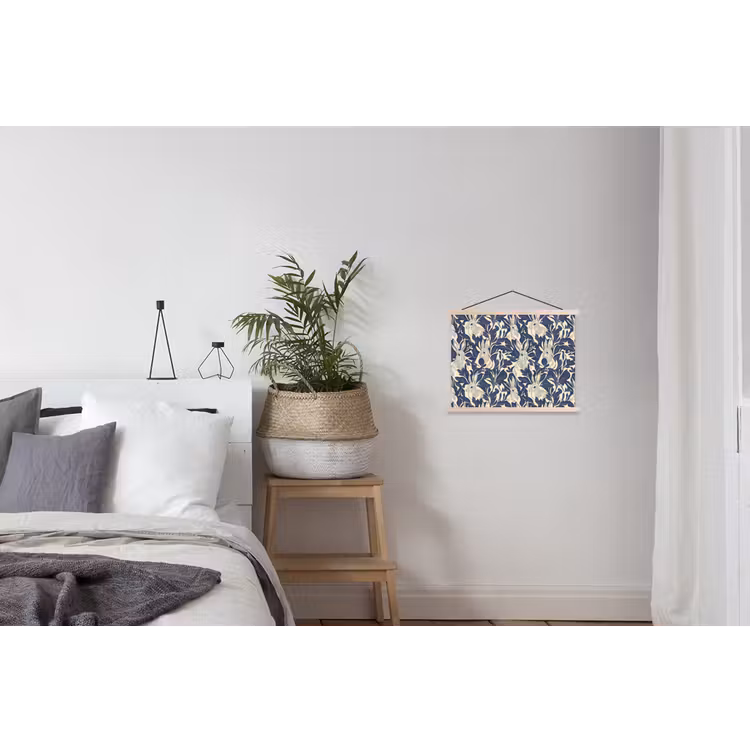 Hazen - Bladeren - Patroon - Blauw - Beige textielposter latten blank klein 122 -woonkamer