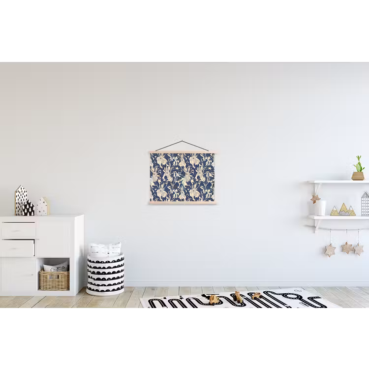 Hazen - Bladeren - Patroon - Blauw - Beige textielposter latten blank klein 122 -kinderkamer
