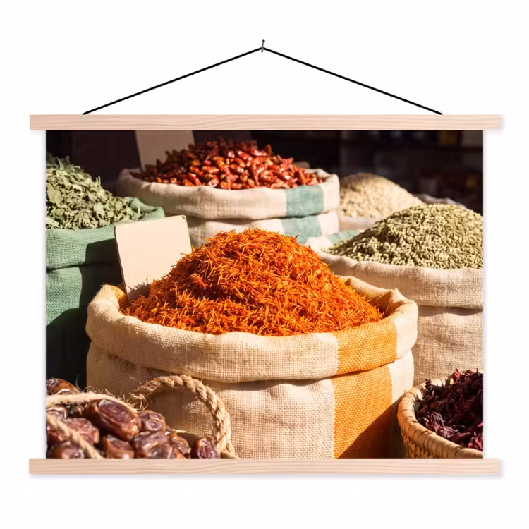 Hanging Poster - Herbs - Market - Colorful - Kruiden - Markt - Kleurrijk textielposter latten blank klein