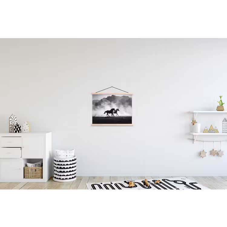 Paard - Ren - Stof - Zwart-wit - Dieren textielposter latten blank klein -kinderkamer